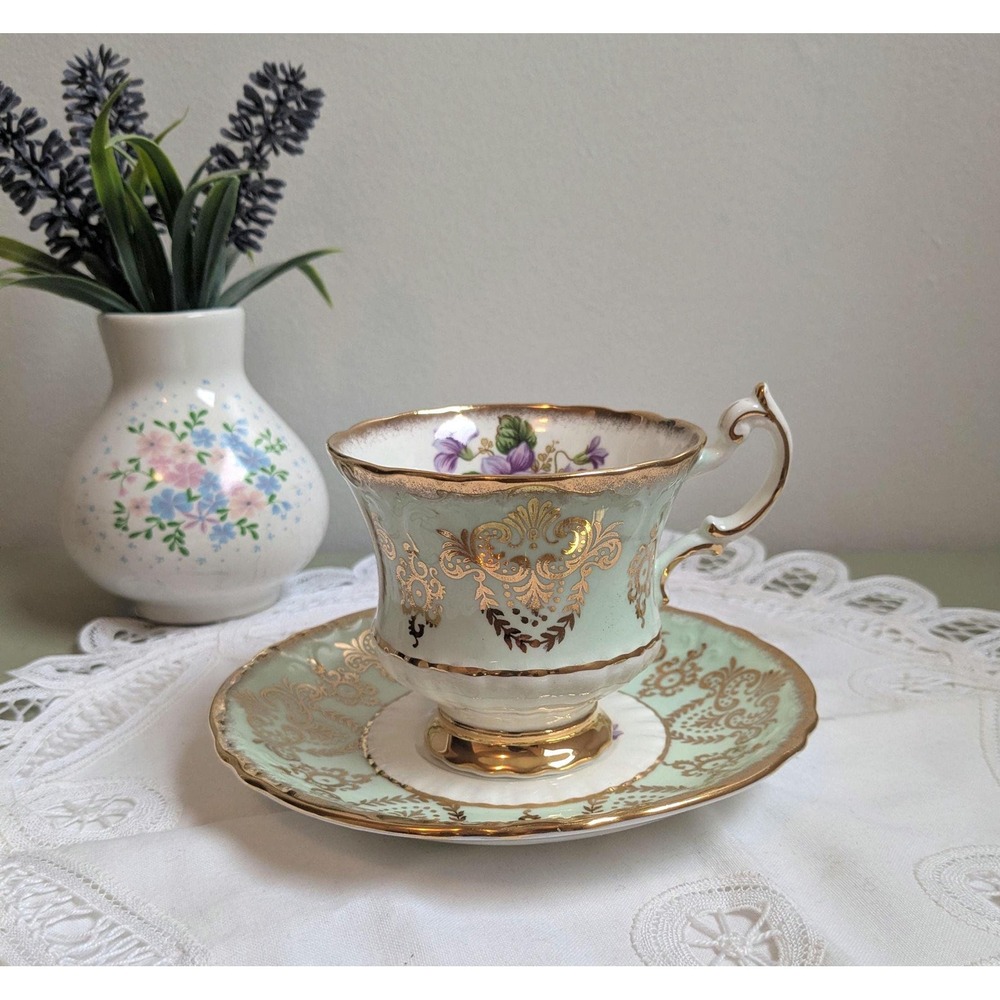 Vintage Paragon Teacup and Saucer Set, England Bone China, Mint Green Gold Flora